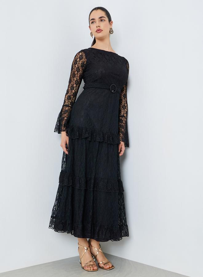Styli Women Black All-Lace Ruffle Detail Maxi Dress - Image 4